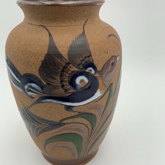 Vintage Mexico TONALA Vase Folk Art Pottery Hand Painted Bird TACAT - Picture 6 of 8